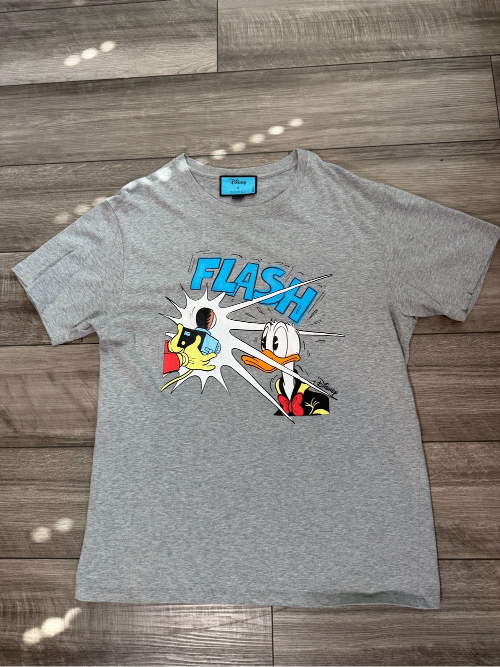 Gucci Gray Crewneck Tee with Blue Disney Label